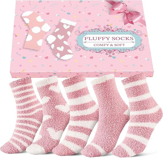 Niorasen Fluffy Socks Womens with Gift Box, Cosy Bed Socks for Women, Warm&Comfy Fuzzy Sock, Christmas Gifts for Women Ladies Girls, 5 Pairs, 3-8