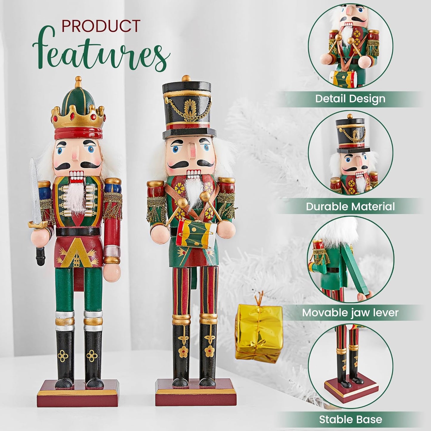 REDSTAR 2pc Christmas Nutcracker Soldier 30cm Wooden Nutcracker Christmas Decorations for Fireplace - 2 Pack Wooden Figures Indoor - Xmas
