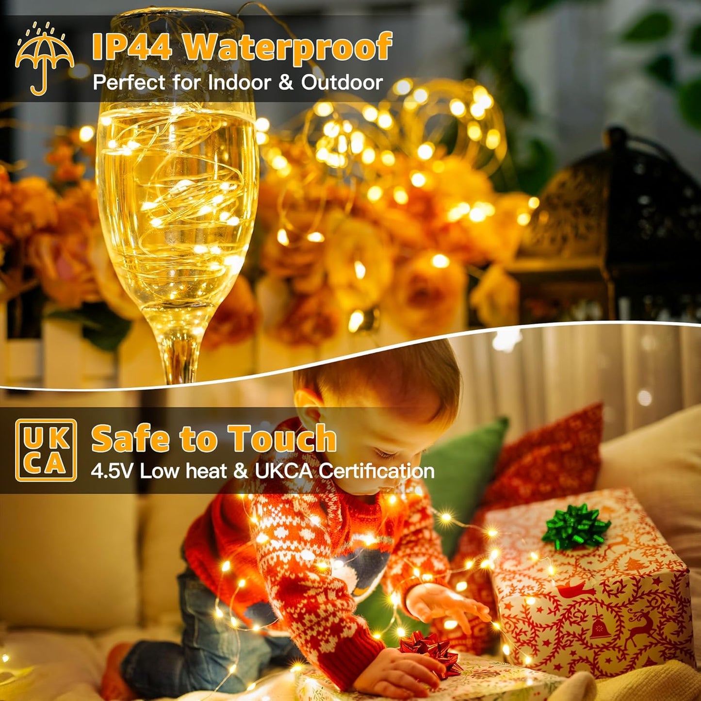 Ollny 5m 50 LED Fairy Lights Battery Operated, Bright Waterproof Copper Wire String Light for Indoor Outdoor Lighting, Christmas Tree Bedroom Outside Party Bottle Wedding Decorations (Warm White)