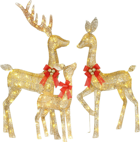 HOYECHI Lighted Christmas Decoration Deer 3 Piece, Light up Christmas Decor Reindeer Family Set for Indoor Outdoor Front Yard Porch with LED Lights, Plug, Extension Cord, Ground Stakes - Gold