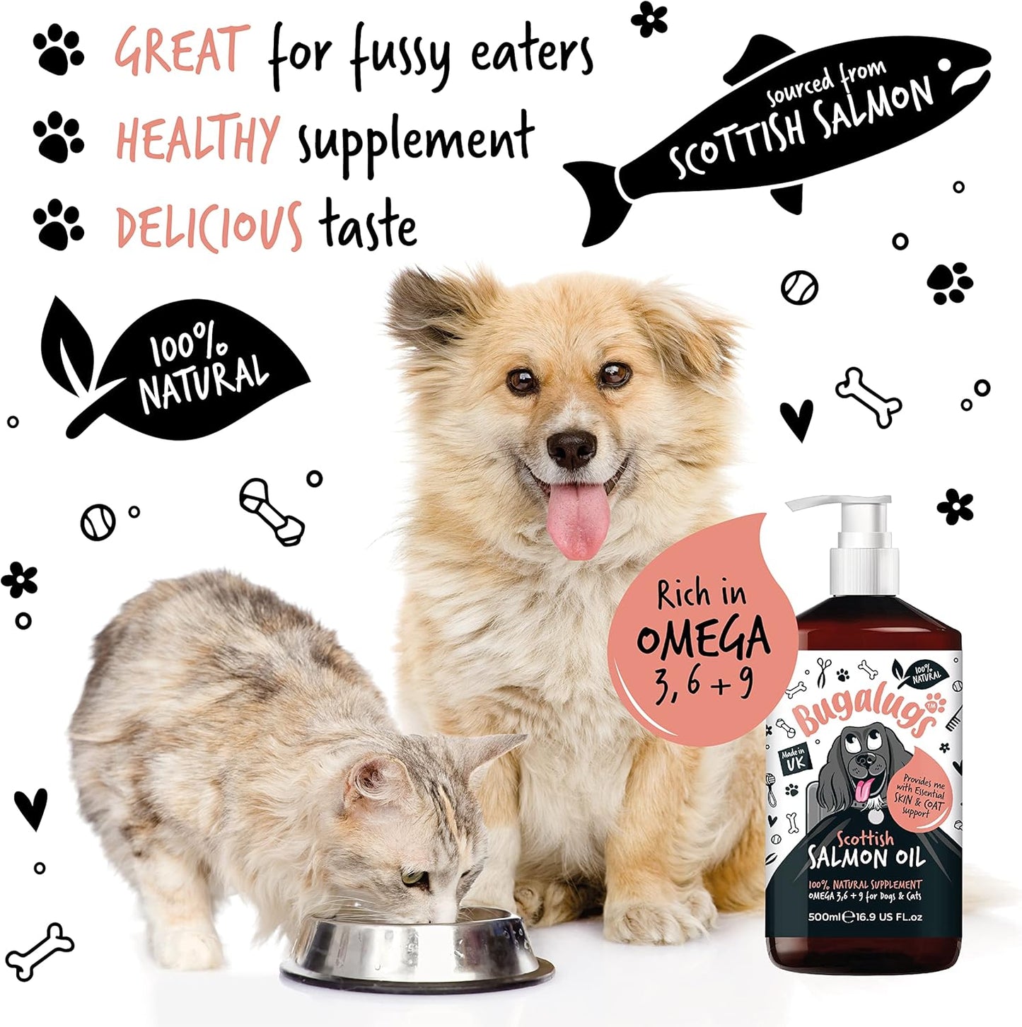 Bugalugs Scottish Salmon Oil For Dogs & Cats, Dog Supplement Support for Skin And Coat, Itchy Skin & Moulting, Omega 3 Fish Oil (Salmon, 500ml)