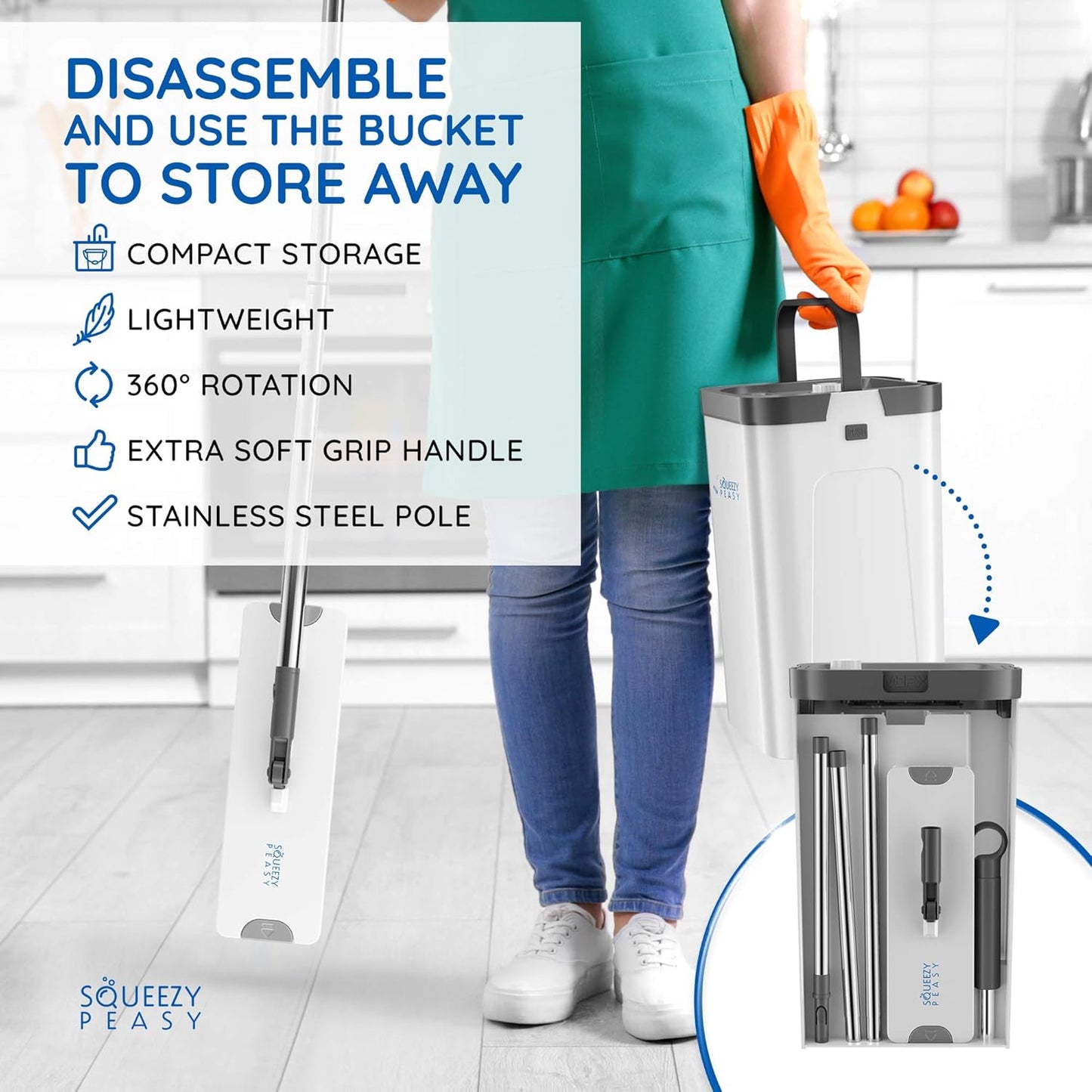 SqueezyPeasy Premium Flat Mop and Bucket Set - Separates Clean & Dirty Water - Compact & Lightweight - 3 Chamber Floor Cleaning System - 360 Rotating Head - 5 Microfibre Reusable Mop Pads Included