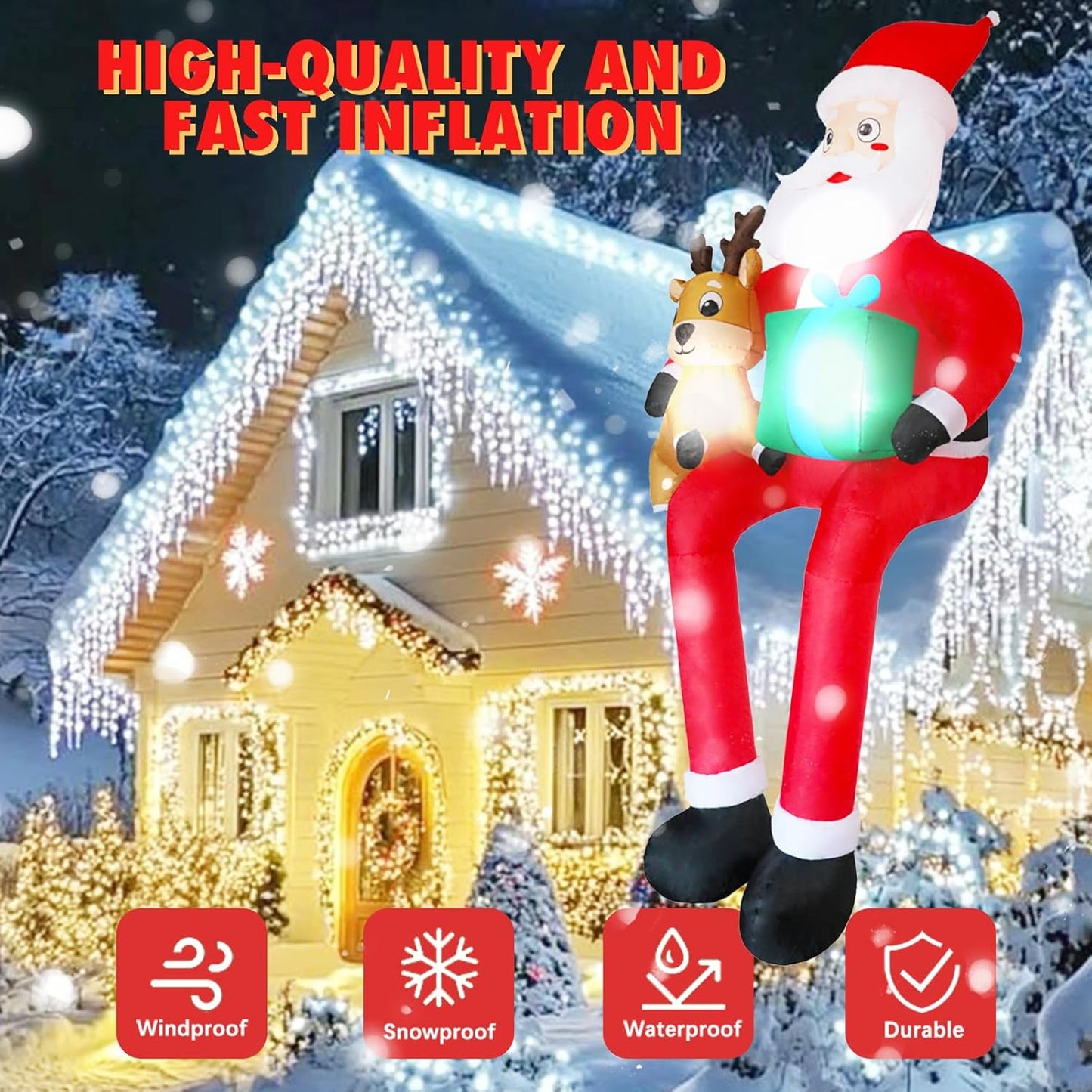 PIPIMOUSE 9.5Ft Christmas Inflatable Outdoor Decoration Giant Sitting Santa Claus Christmas Inflatables with LED Light Climbing Santa Inflatable Blow Up Yard Decorations for Xmas Roof Eaves Lawn Shrub