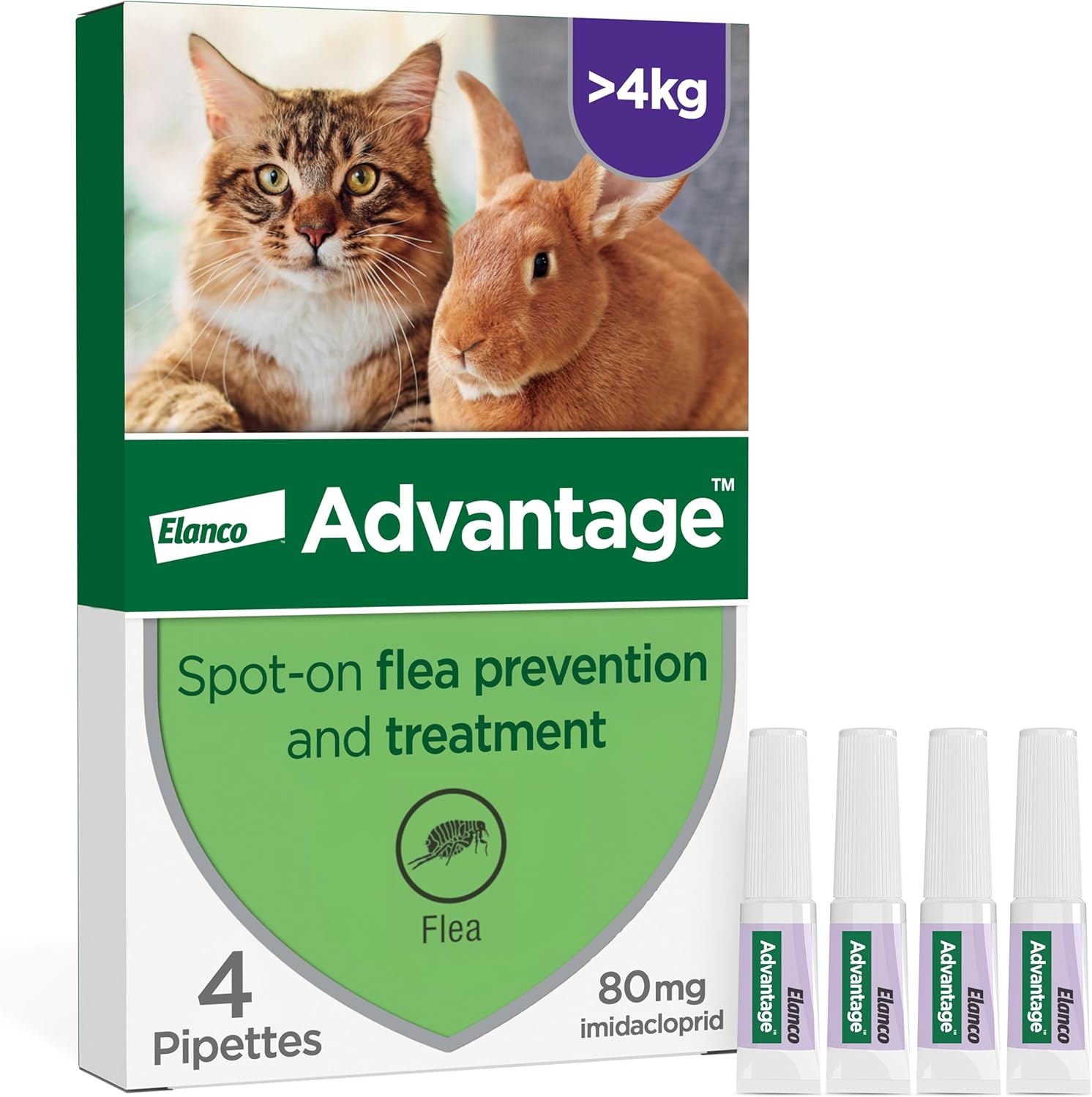 Advantage Spot On Flea Treatment For Large Cats and Rabbits Over 4kg (4 pipettes, 80mg), Kills Fleas Within 24 Hours, Prevents Further Infestation For Up To Four Weeks in Cats