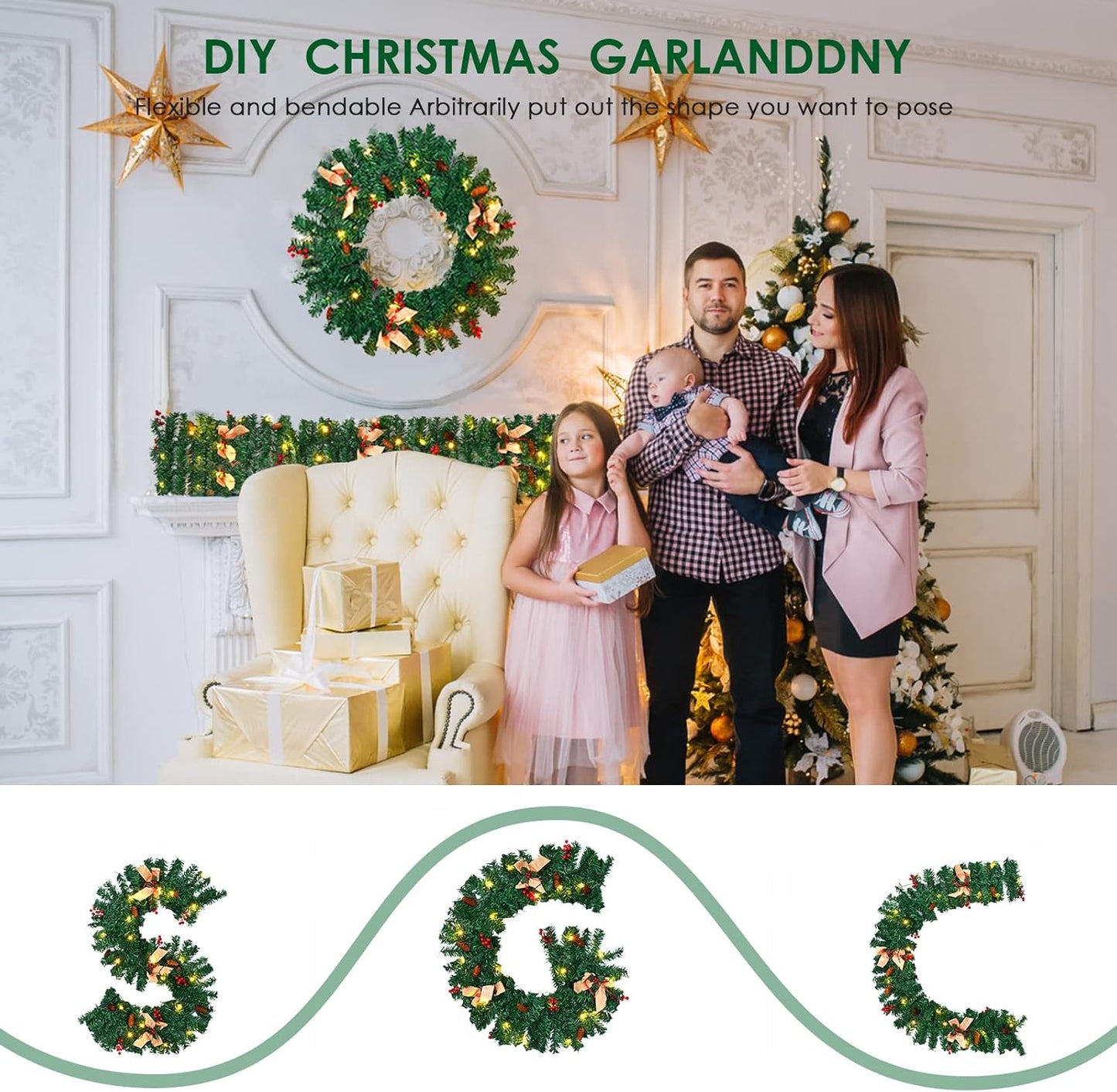 1.8M/6FT Christmas Garland with Lights, Christmas Garlands for Fireplace Stairs Artificial Wreath with 50 LED Lights and Bow Pine Cones Berries for Xmas Tree Front Door Home Holiday Decor