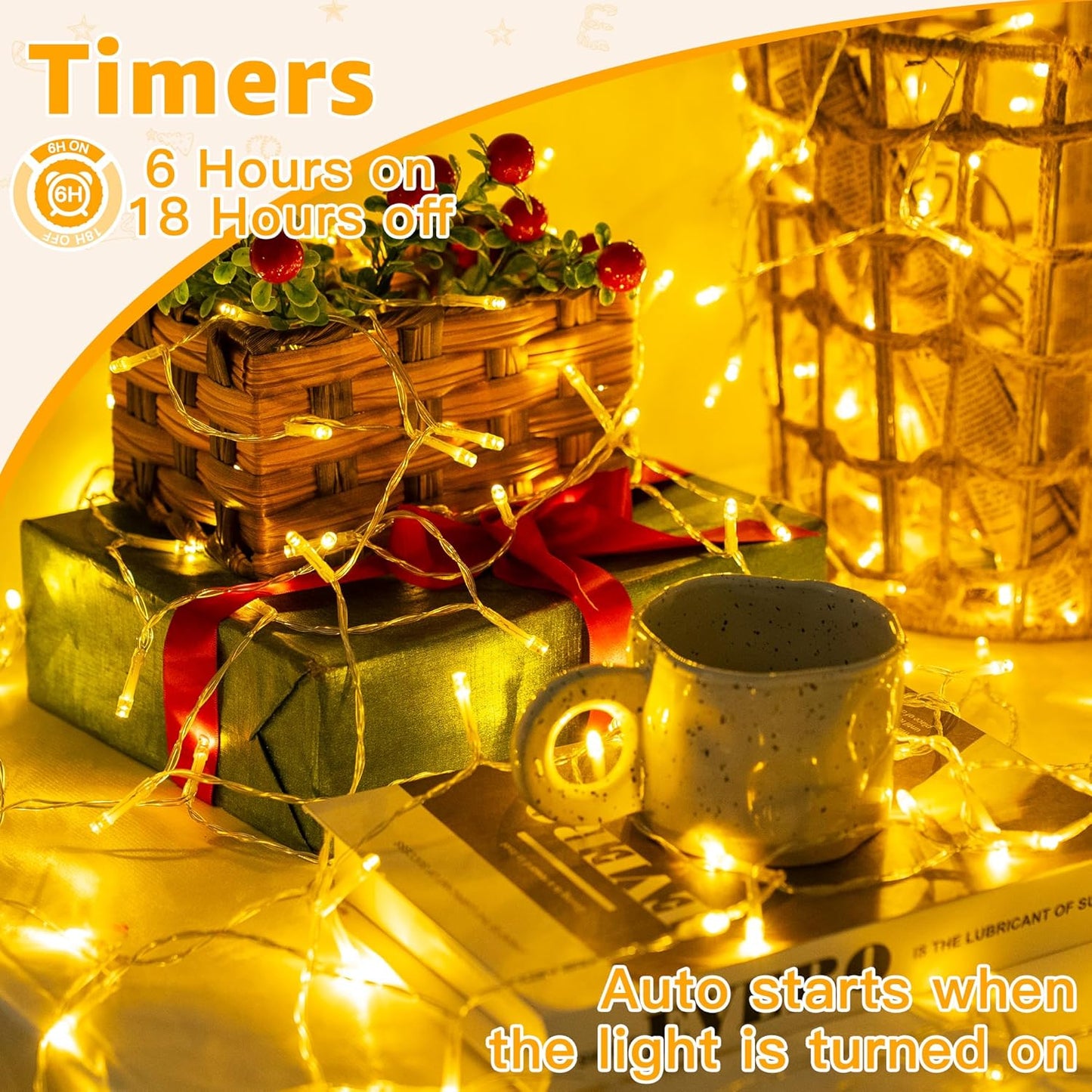 Ollny Fairy Lights Battery Operated, 10m 100 LEDs Bright Battery Powered String Lights, Warm White Outside Christmas Lights Waterproof with 8 Modes/Timer for Indoor Outdoor Bedroom Garden Decorations