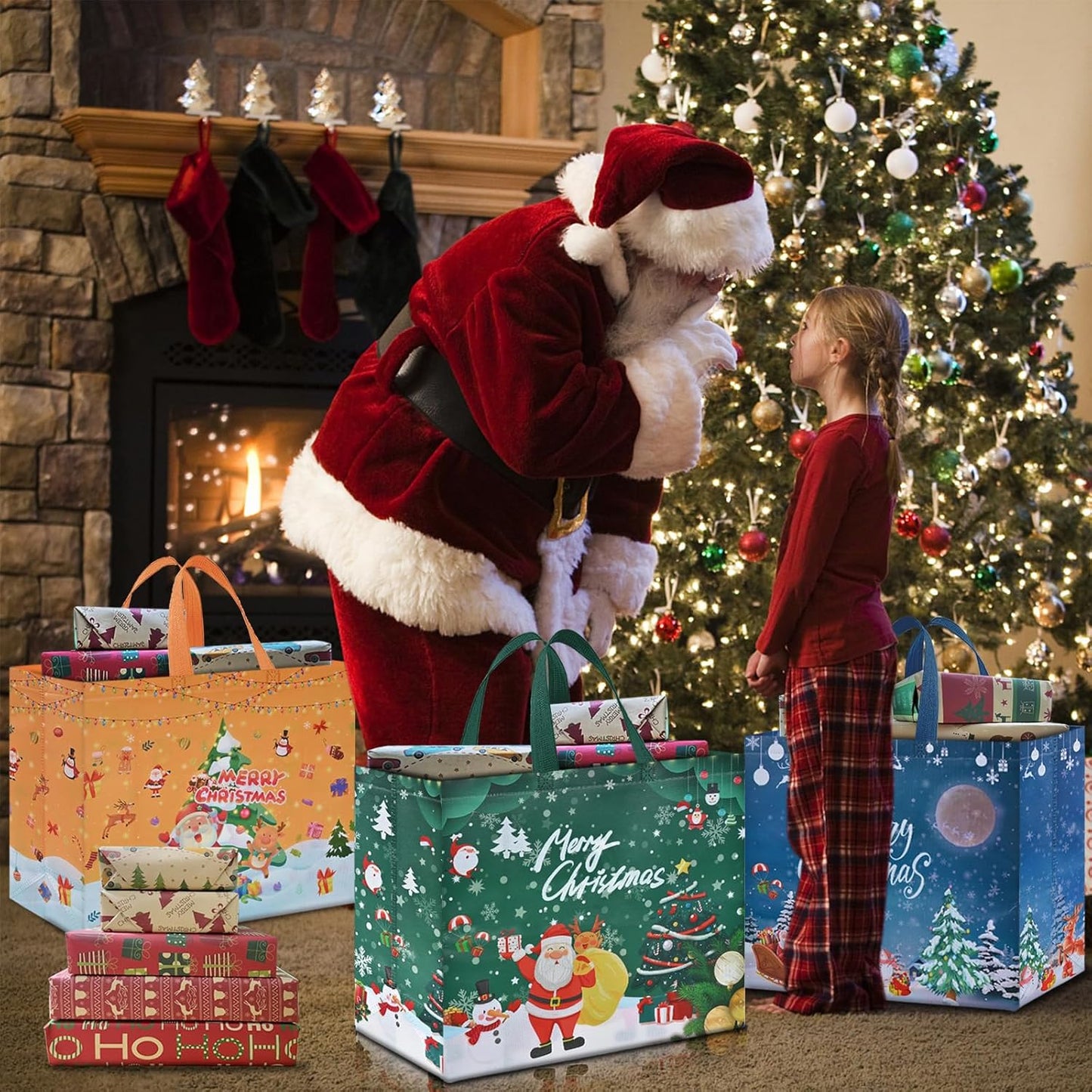 AhfuLife Extra Large Christmas Bags for Gift, 4pcs Reusable Christmas Tote Bags with Handles, Multipack Non-woven Christmas Treat Shopping Bags, Xmas Gift Party Favor Bags Decoration, 40 x 36 x 15cm