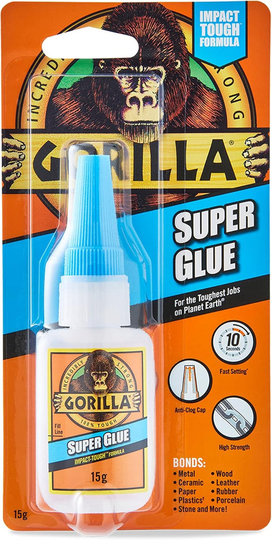 Gorilla Super Glue, 15g – All Purpose, Impact Tough & Fast Setting with Anti-Clog Cap Ideal for Metal, Ceramics, Leather & More