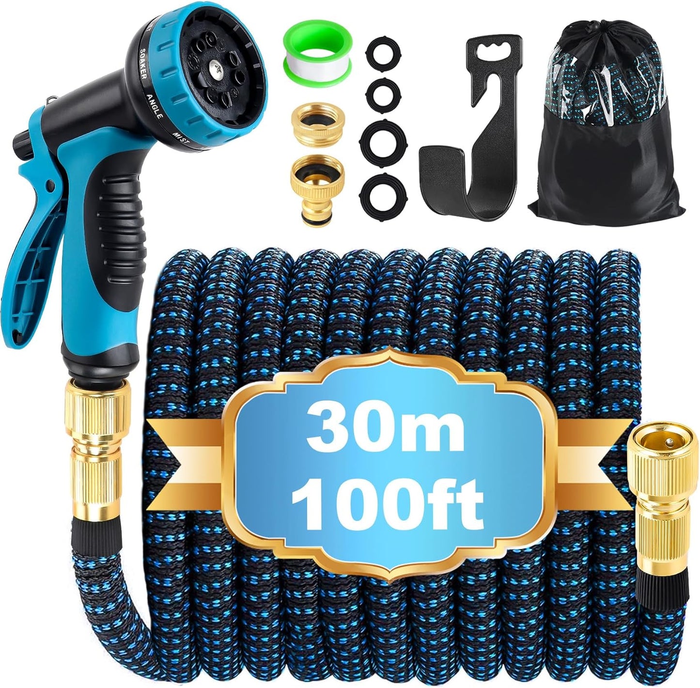 Expandable Garden Hose Pipe 30m 100ft, Hosepipes for Garden Water Hose with 10 Functions Spray Gun, 3/4" 1/2" Connector, Expanding Magic Hose Retractable Flexible Garden Hose for Gardening Car Washing