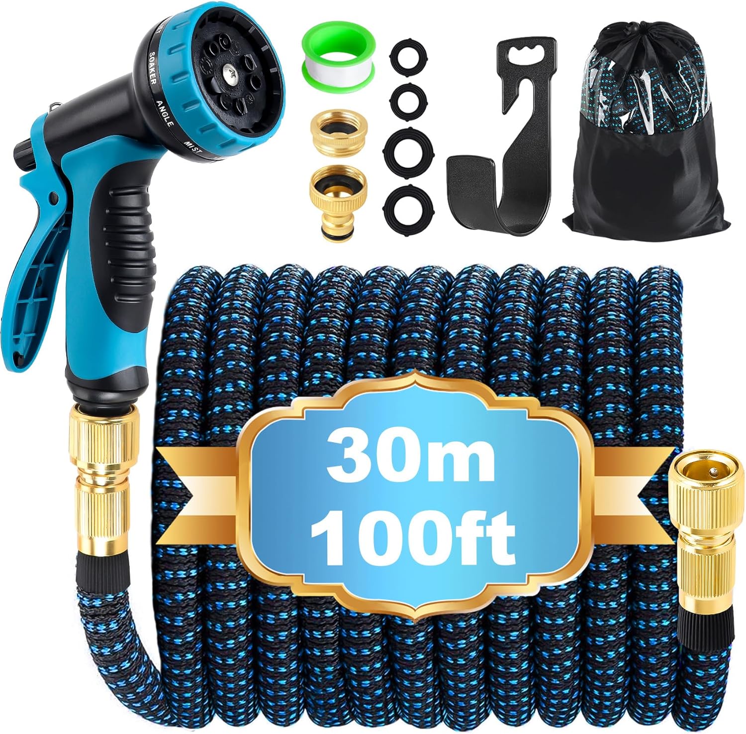 Expandable Garden Hose Pipe 30m 100ft, Hosepipes for Garden Water Hose with 10 Functions Spray Gun, 3/4" 1/2" Connector, Expanding Magic Hose Retractable Flexible Garden Hose for Gardening Car Washing