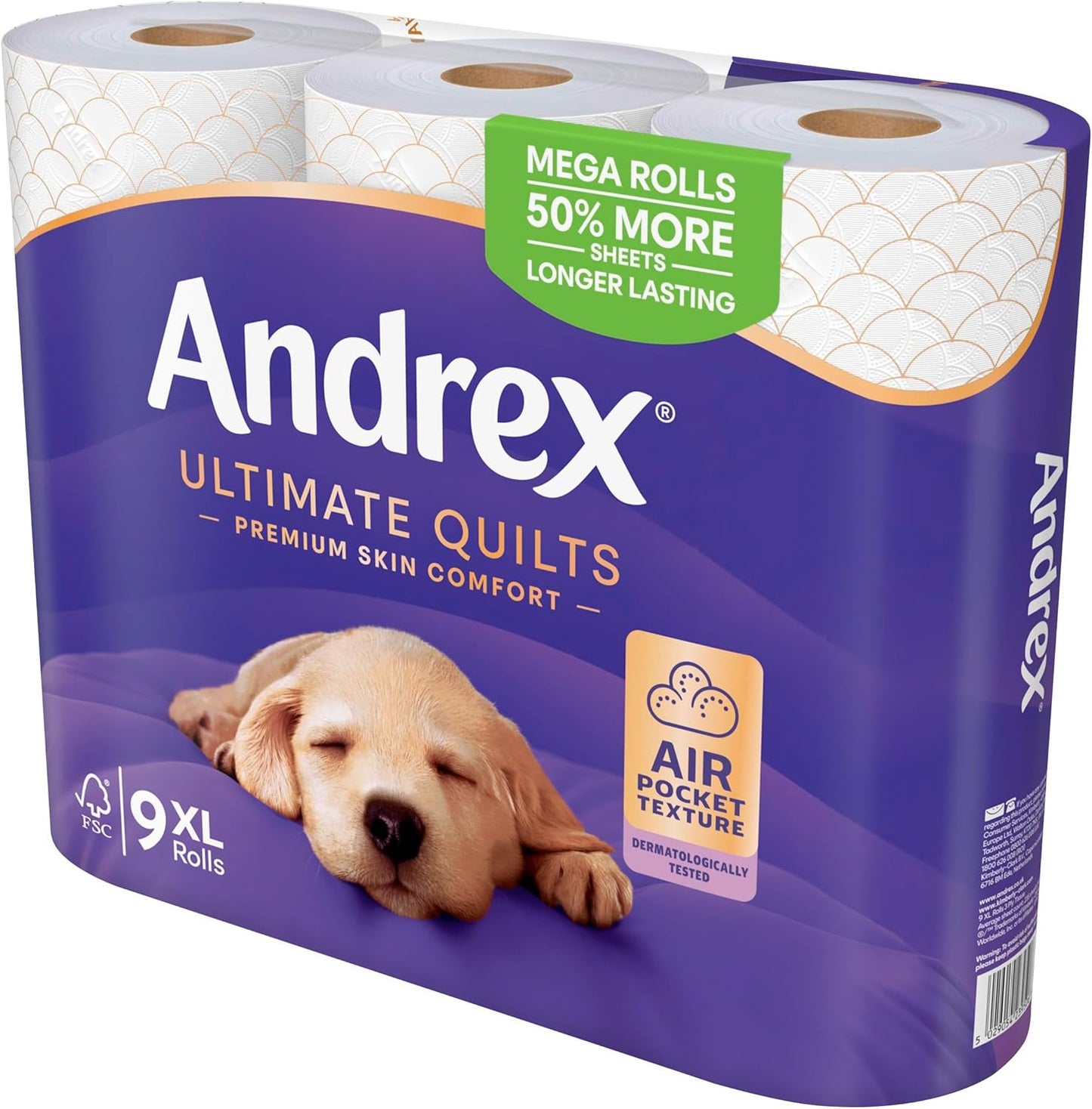 Andrex Ultimate Quilts 9 Mega Toilet Rolls = 13.5 Standard Toilet Rolls, 50% Longer Lasting Paper, Air Pocket Technology for Soft, Thick Sheets, FSC Certified
