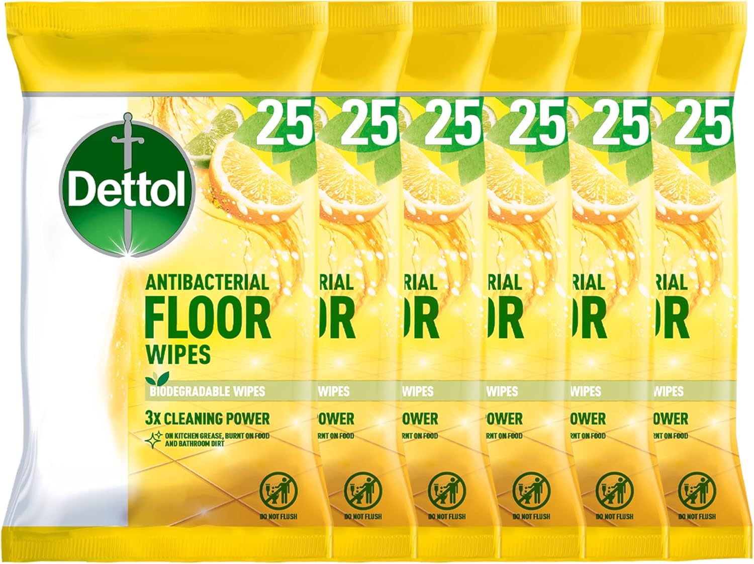 Dettol Antibacterial Citrus Floor Wipes, 150 Biodegradable Disinfectant Sheets (6X25) For Laminate, Wood, Total Clean Freshness