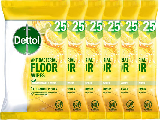 Dettol Antibacterial Citrus Floor Wipes, 150 Biodegradable Disinfectant Sheets (6X25) For Laminate, Wood, Total Clean Freshness
