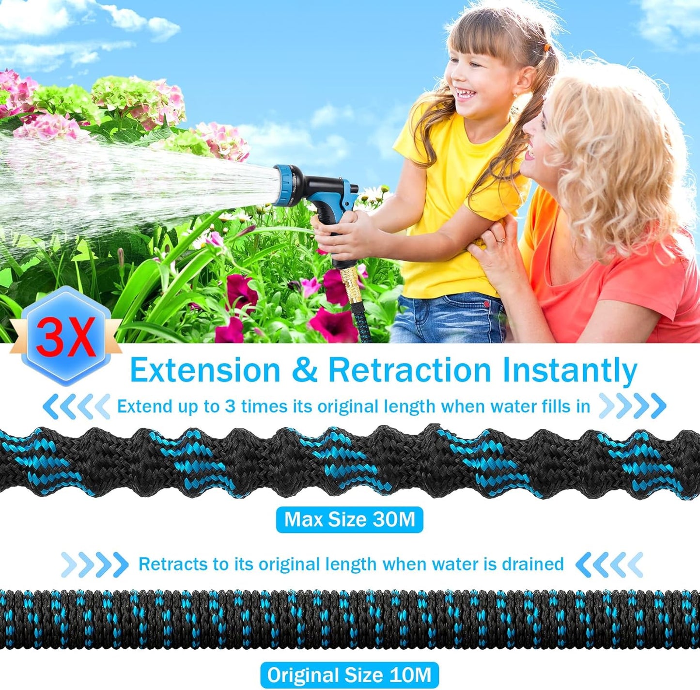 Expandable Garden Hose Pipe 30m 100ft, Hosepipes for Garden Water Hose with 10 Functions Spray Gun, 3/4" 1/2" Connector, Expanding Magic Hose Retractable Flexible Garden Hose for Gardening Car Washing