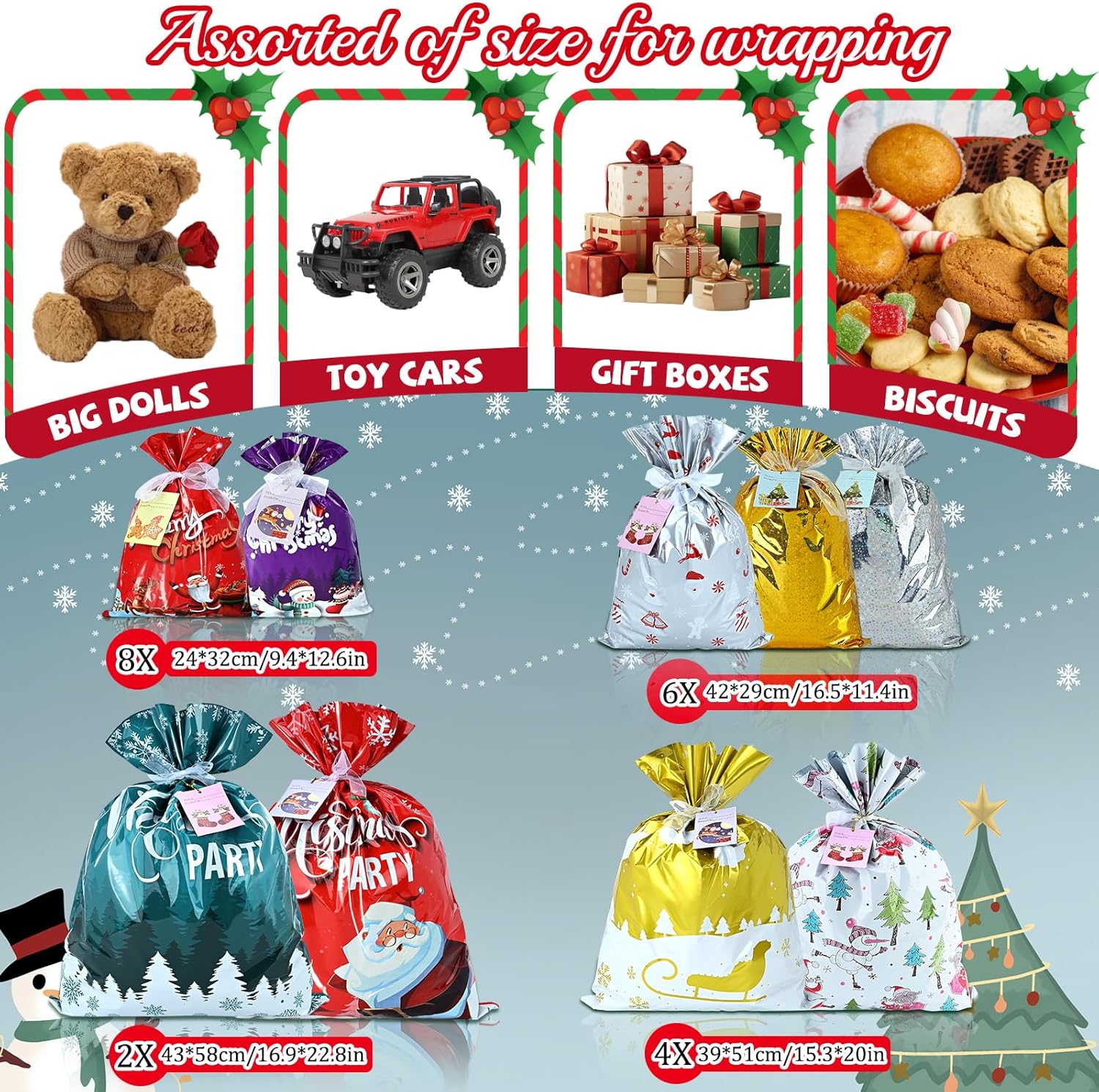 Christmas Wrapping Gift Bags, 20Pcs Xmas Gifts Bags Large Medium Small for Presents with 20 Tags for Birthday Holiday Party, Luxury Santa Claus Ornament with Ribbon for Family Friends