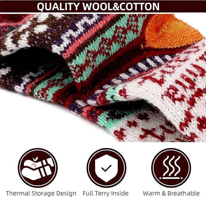 Airabc Thermal Winter Women Socks 5 Pairs Wool Warm Knitting Ladies Socks Vintage Style Soft Cotton Thick Woman Bed Sock Multicoloured for Home Office School Hiking, Ideal Christmas Gifts for Women