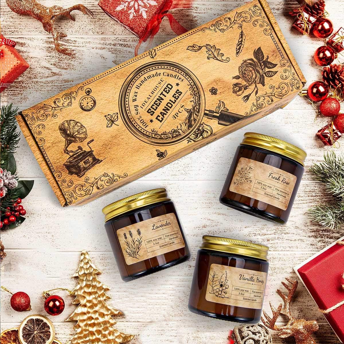 IDEALHOUSE Scented Candles Gift Set, Soy Wax Candles of Vanilla Honey, Fresh Rose, and Lavender, Perfect Candles Gifts Set for Women, Birthdays, Weddings, Christmas, Yoga, Bath