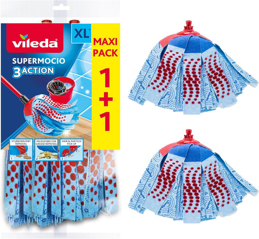 Vileda SuperMocio 3Action XL Mop Refill - Pack of 2 - Fits all SuperMocio Mops- Authentic Vileda Mop Head Replacement - Machine Washable - Advanced Microfibre Technology