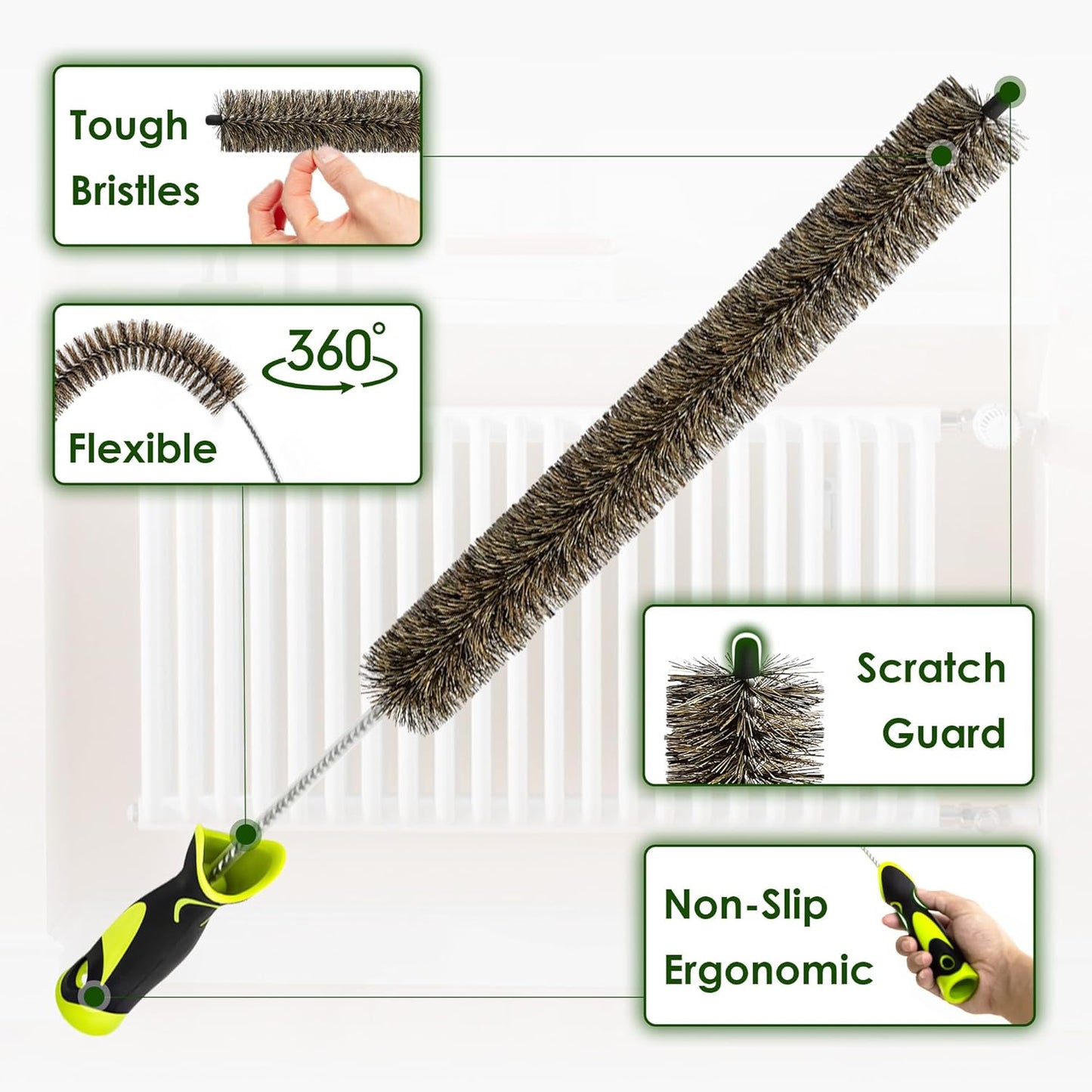 Radiator Cleaner Brush Thin Long 81cm Boar Bristles, Radiator Duster Brush Long Thin Bendable Flexible with Easy Grip Handle, Radiator Brushes for Cleaning Dust Inside Vanes and Backside