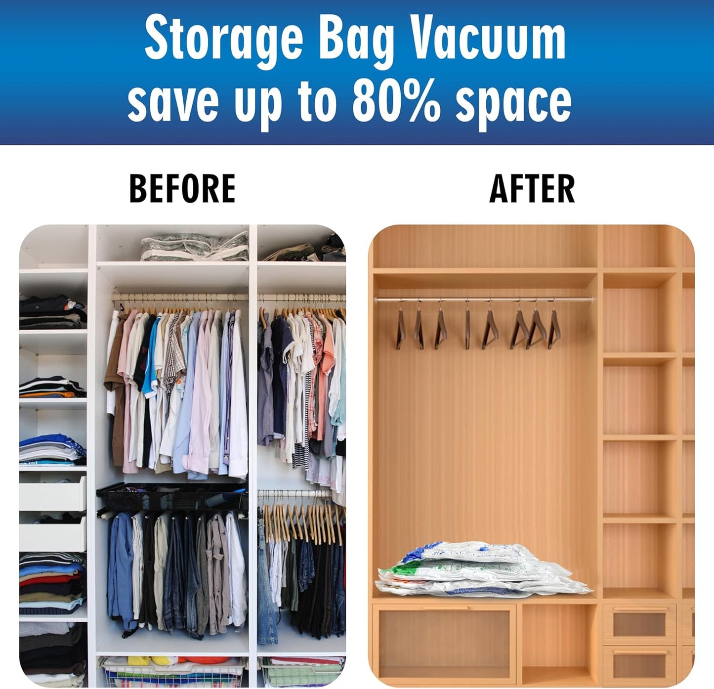 Storage Master Space Saver Bags for Travel and Home Reusable Vacuum Storage Bags Save 80% More Storage Space Work with Vacuum Cleaner (9 Combo, No Pump Included)