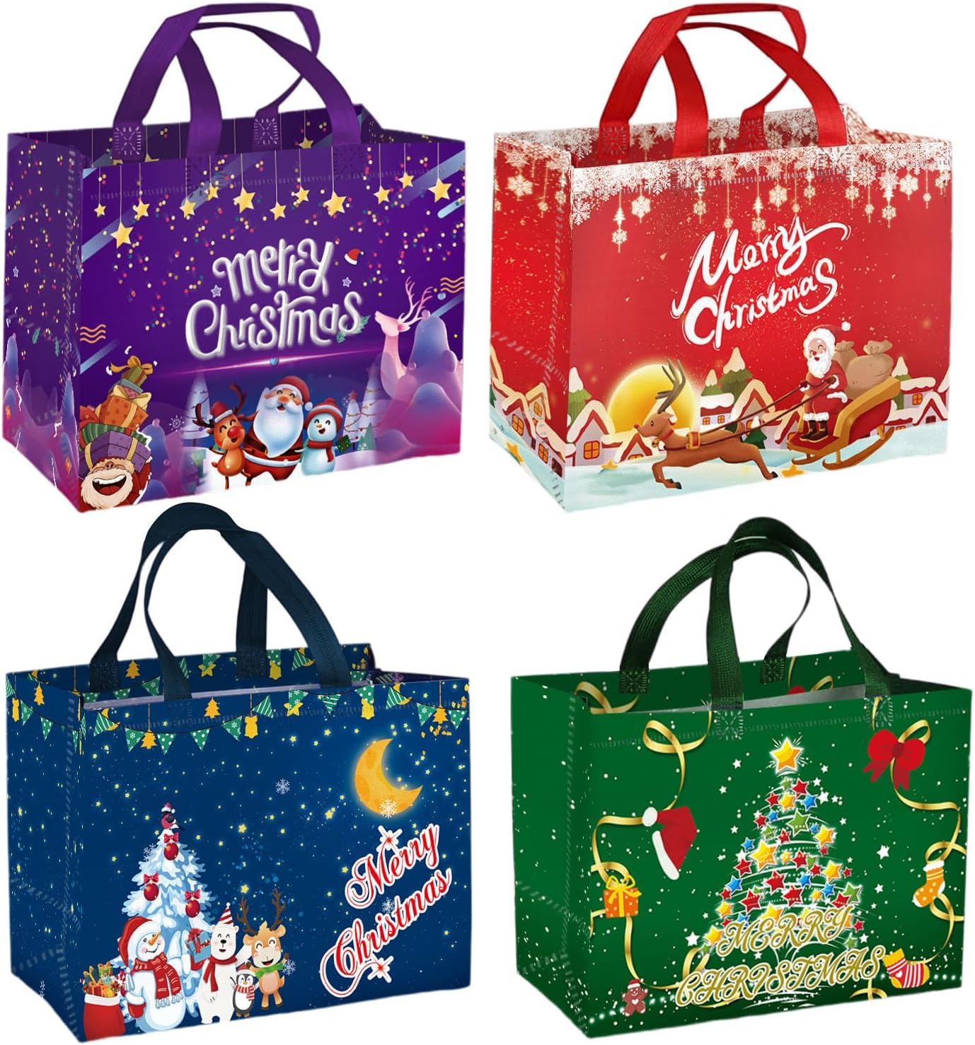 4PCS Christmas Bags for Gifts, Tote Bag with Handles, Christmas Treat Bags, Xmas Party Supplies