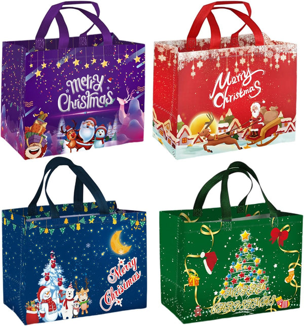 4PCS Christmas Bags for Gifts, Tote Bag with Handles, Christmas Treat Bags, Xmas Party Supplies