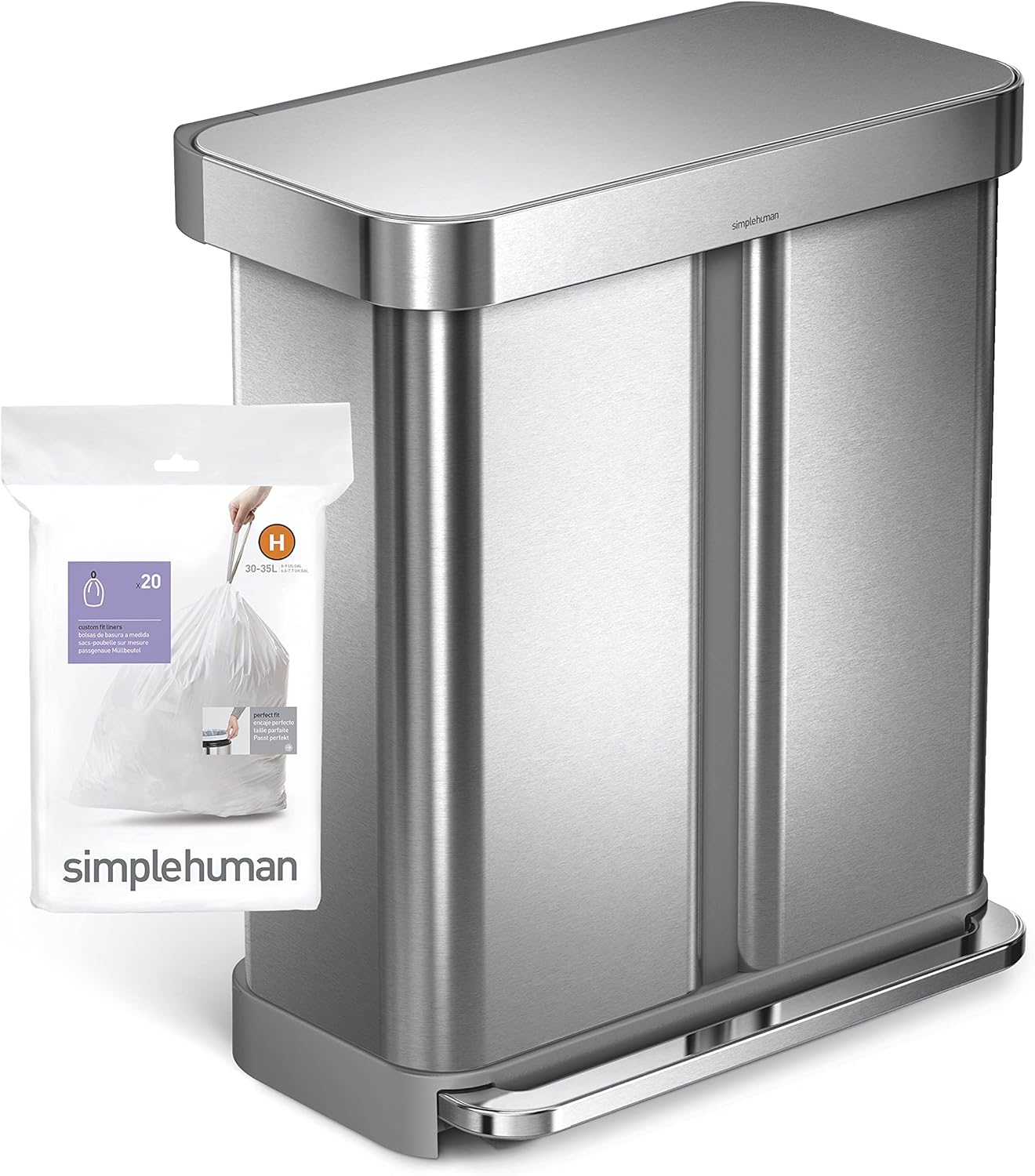 simplehuman Code H 60 Liners, 50% Recycled Custom Fit Bin Bags in Dispenser Packs with Durable Drawstring Tie Handle, 30-35L, White
