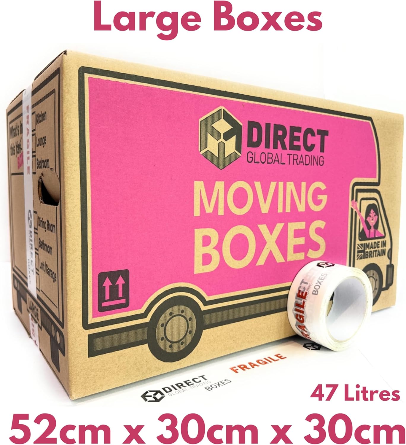 25 Strong Large Cardboard Storage Packing Moving House Boxes with Fragile Tape 52cm x 30cm x 30cm 47 Litres Carry Handles and Room List