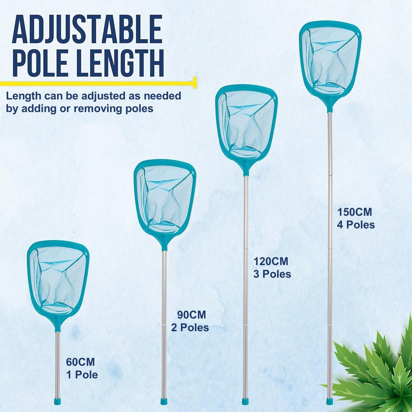 KAHEIGN 150CM Pool Skimmer Net with Pole, Swimming Pool Leaf Cleaning Net Fine Mesh Skimmer with 4 Aluminum Poles for Cleaning Pool Garden Pond Fountain Tubs Spa Fish Tank