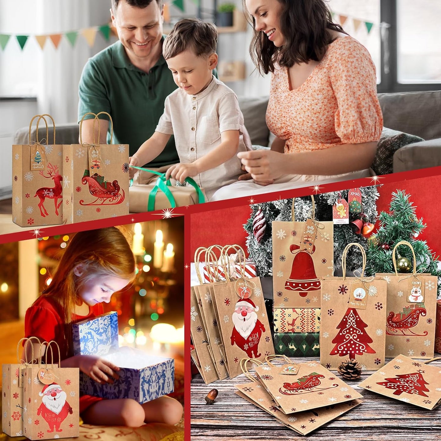 Christmas Kraft Gift Bags 12Pcs Small Xmas Wrapping Bags, Goody Gift Wrap Treat Candy Paper Packing with Handle & Red Foiling Design-Elk Santa Claus Snowman for Party Favors Present Decor Supplies