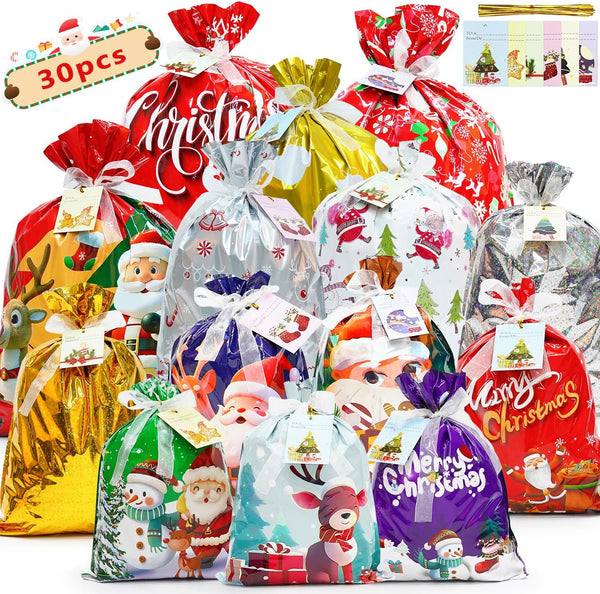 Koncci 30 Pcs Christmas Wrapping Gift Bags, 14 Designs Ribbon Xmas Gift Bags, 4 Sizes Christmas Bags with 30 Pcs Xmas Greeting Cards for Presents, Party, Holiday, Birthday