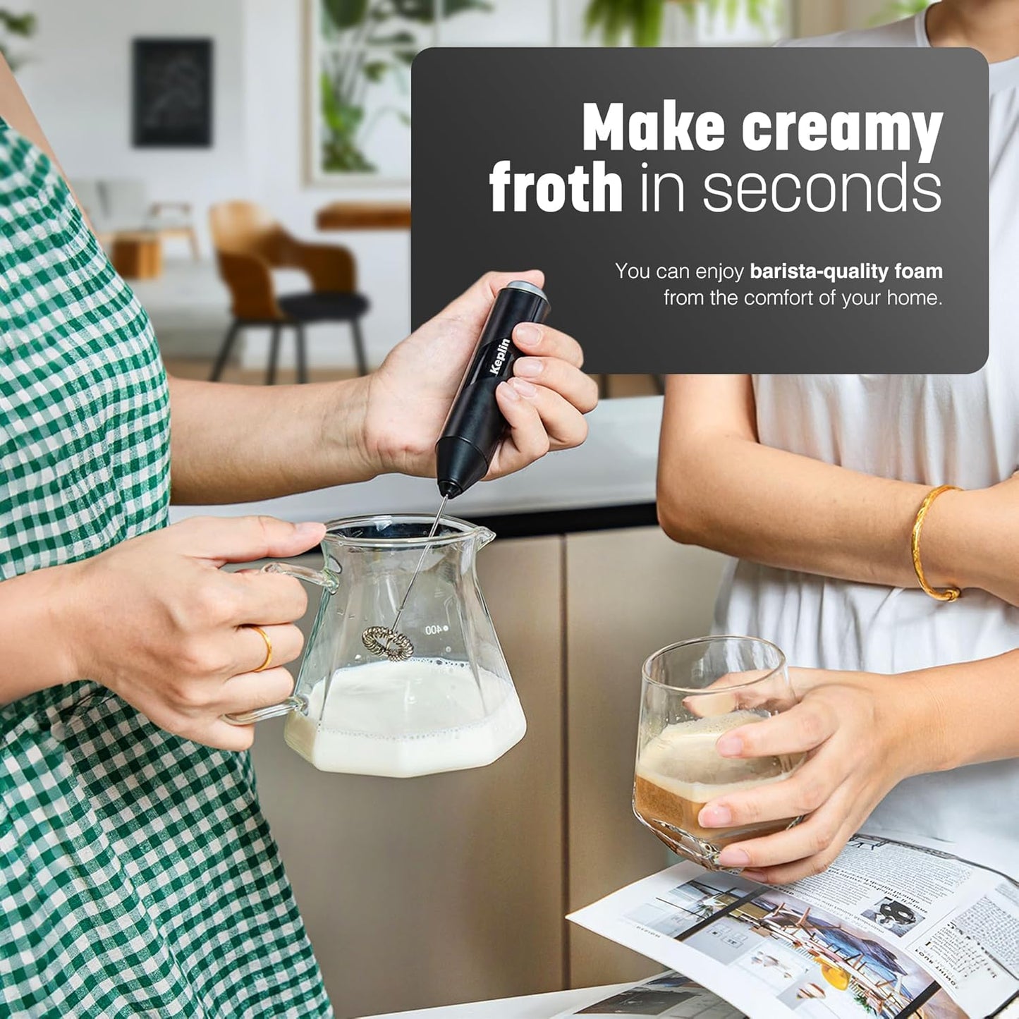 Keplin Handheld Milk Frother – Stainless Steel Electric Whisk, Portable Battery-Operated Coffee Frother for Lattes, Matcha & Protein Shakes – Ergonomic & Easy to Clean (Black)