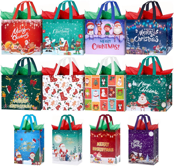 12 Pack Christmas Bags with Tissue Paper, Reusable Tote Bag with Handles Includes 8 Large 13",4 Medium 10" Christmas Treat Shopping Bags, Xmas Party Favor Bags Decorations