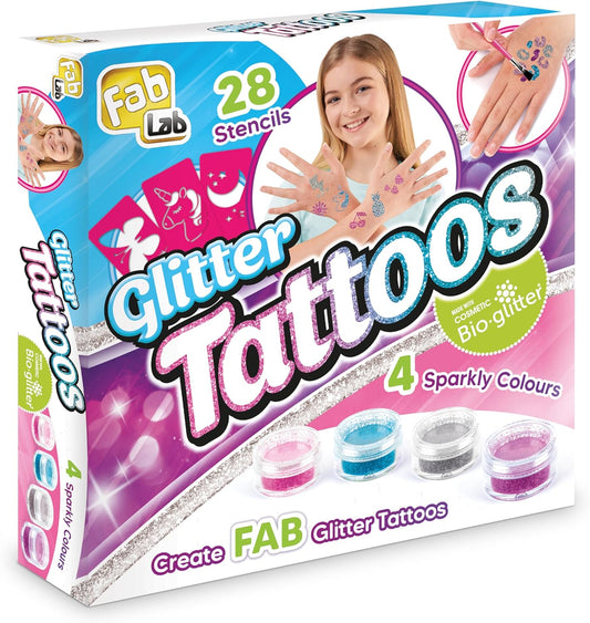 FabLab Glitter Tattoos | Create FAB Glittery Kids Tattoos! | Includes 28 Stencils and 4 Sparkly Colours of Bio-Glitter | Girls Gifts for Ages 8+