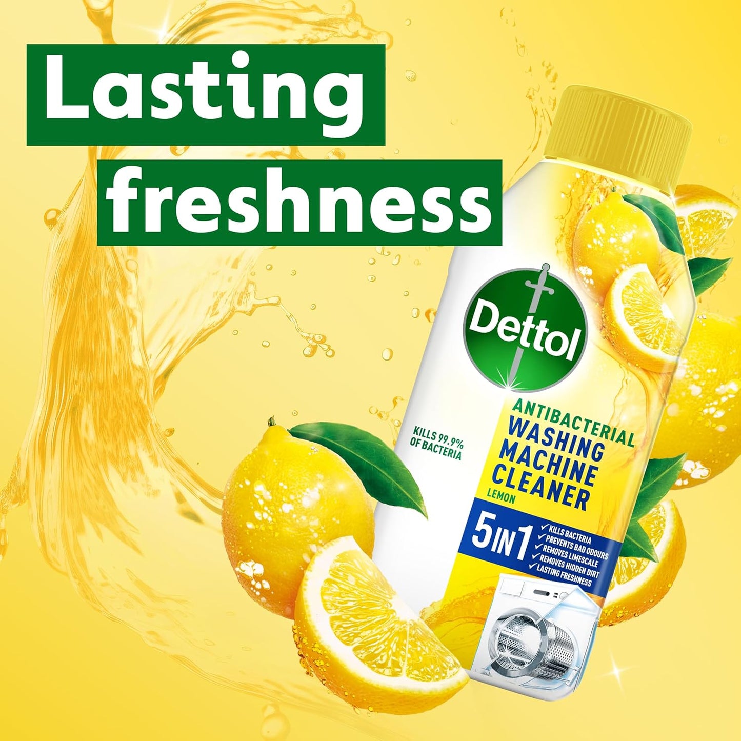 Dettol Washing Machine Cleaner, Lemon, Multipack of 6 X 250ml, Total of 1.5L, Wasing Machine Limescale Remover, Washing Machine Descaler, Antibacterial, Disinfectant, Laundry