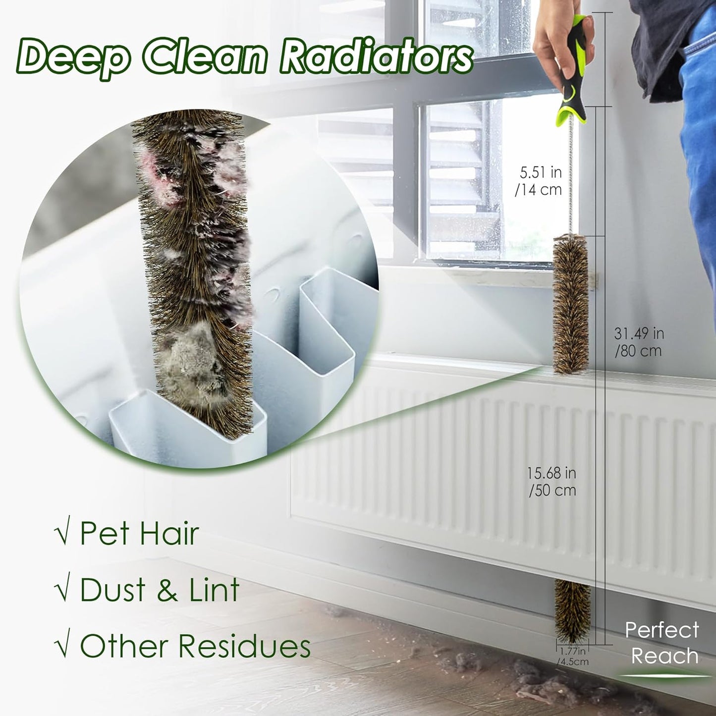 Radiator Cleaner Brush Thin Long 81cm Boar Bristles, Radiator Duster Brush Long Thin Bendable Flexible with Easy Grip Handle, Radiator Brushes for Cleaning Dust Inside Vanes and Backside