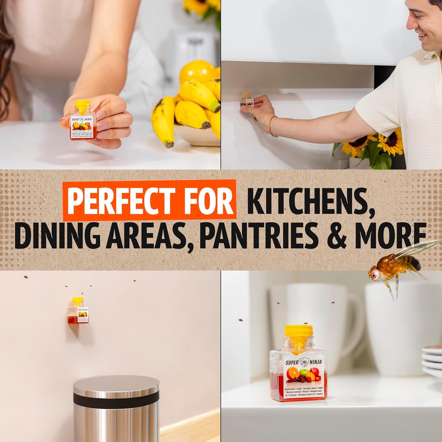 Super Ninja Fruit Fly Trap - 2 pack, Highly Effective Fruit Fly Killer for Home & Kitchen, Up to 3 Weeks of Performance per Bottle, Child & Pet Friendly