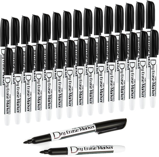 Volcanics Black Whiteboard Pens Dry Erase Marker with Low Odour Fine Tip Pack of 30