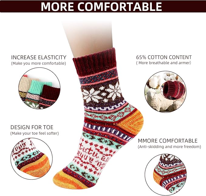 Airabc Thermal Winter Women Socks 5 Pairs Wool Warm Knitting Ladies Socks Vintage Style Soft Cotton Thick Woman Bed Sock Multicoloured for Home Office School Hiking, Ideal Christmas Gifts for Women