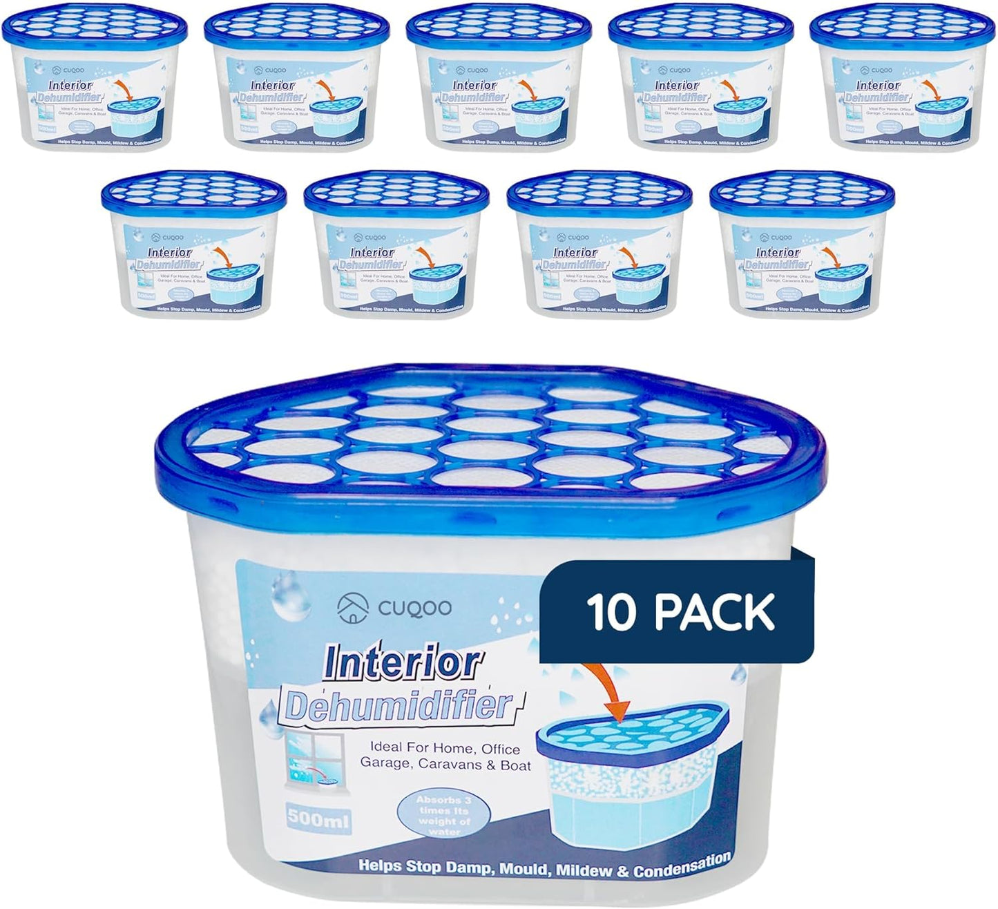CUQOO Disposable Dehumidifier for Home 500ml, Pack of 10 Moisture Absorber Dehumidifiers for Damp, Mould, Kitchen, Wardrobe, Bedroom, Caravan, Office, Garage, Bathroom - Mini Condensation Absorbers