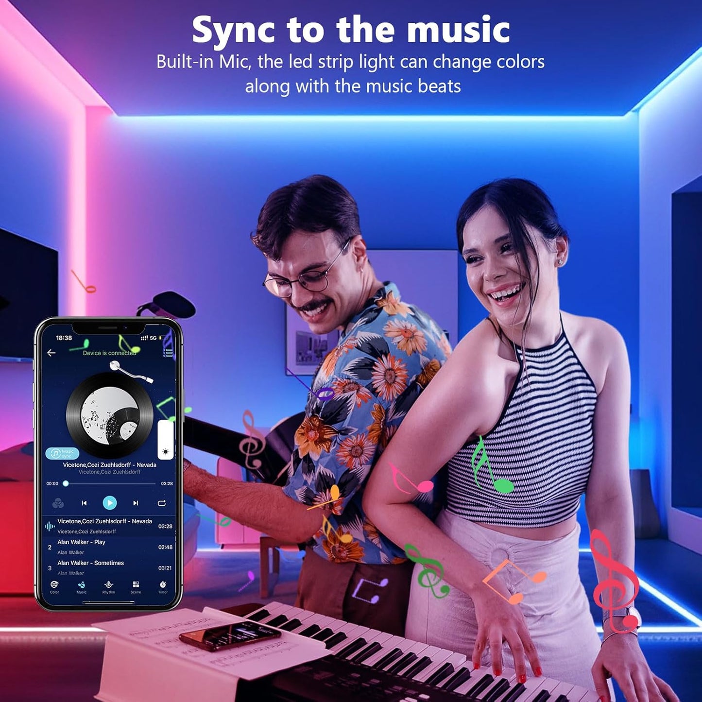 Led Strip Light, 10m Led Lights, Cuttable Led Light Strips with Smart App Control Remote, Music Sync Colour Changing RGB Led Strip Lights for Room Decoration