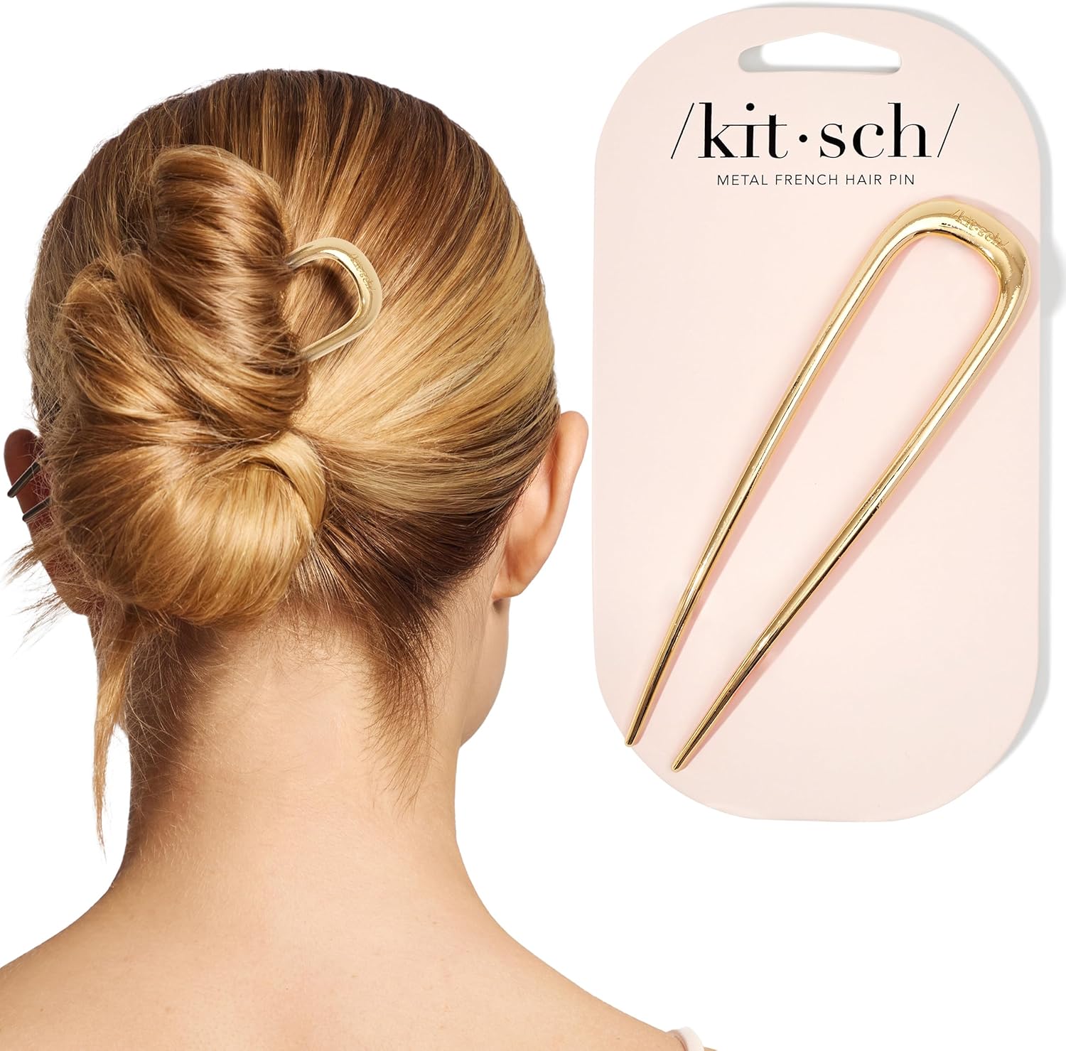 Kitsch Metal French Hair Pin for Women - Gold U Shaped Pin for Thick and All Hair Types, Sticks for Buns, Twist, Fork - 1pc