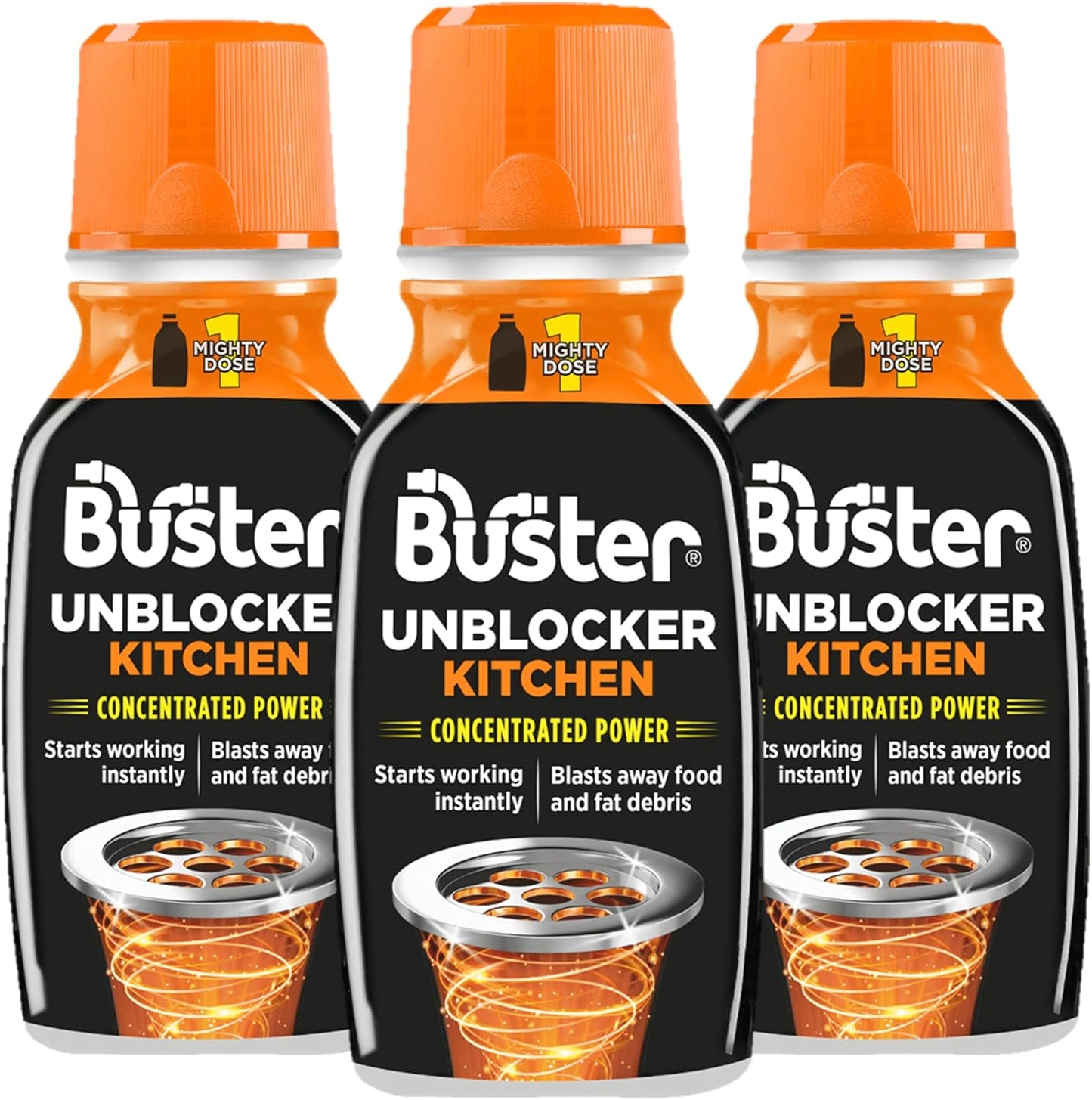Buster Kitchen Plughole Unblocker 150g, Pack of 3 - Kitchen Drains & Sinks Unblocker, Blasts Fat & Food Debris – Fast Acting Plughole Unclogger, Clears Blockages & Slow-Draining Water