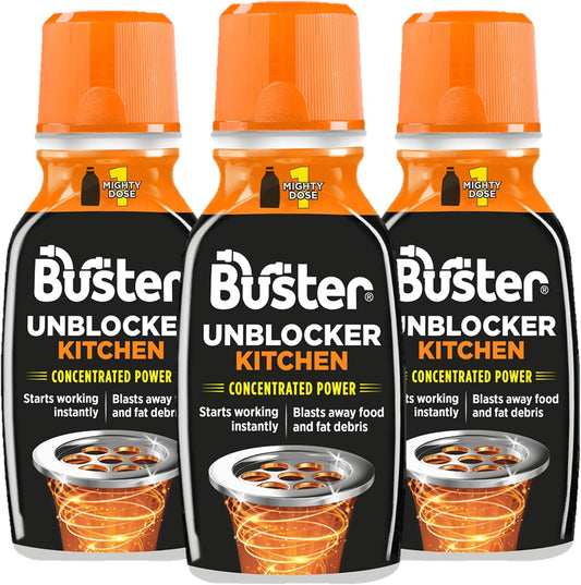 Buster Kitchen Plughole Unblocker 150g, Pack of 3 - Kitchen Drains & Sinks Unblocker, Blasts Fat & Food Debris – Fast Acting Plughole Unclogger, Clears Blockages & Slow-Draining Water