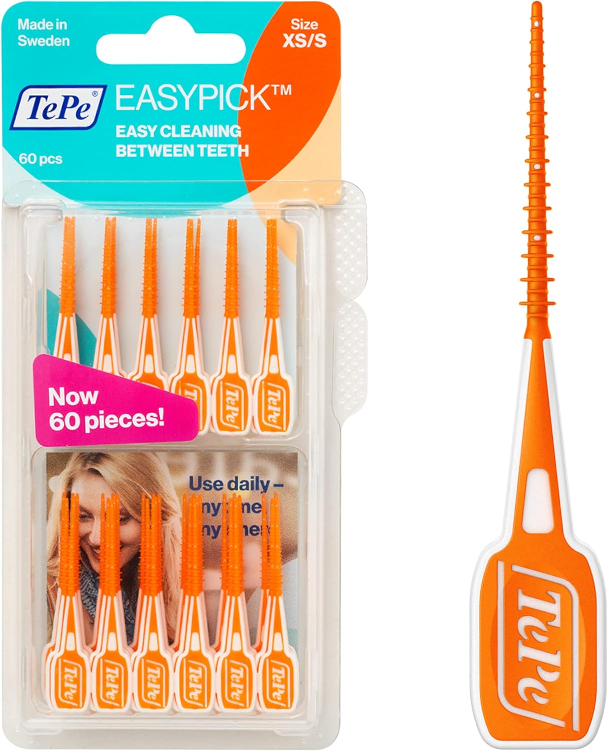TePe EasyPick Toothpicks, Orange, ISO XS-S, 60pcs, Dental Plaque Removal Tool, efficient and Easy Cleaning Between The Teeth, toothpicks for Narrow Gaps