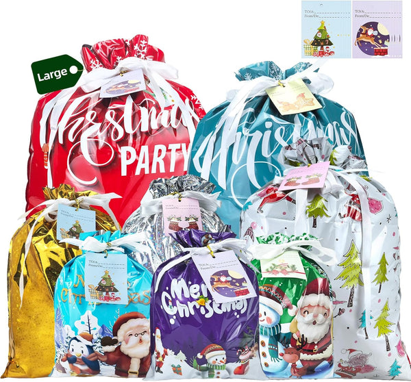CNMTCCO Christmas Wrapping Gift Bags Large, 16Pcs Christmas Drawstring Bags with 30Pcs Tags, Large Medium Small Gift Bags, Xmas Bags for Presents for Xmas Birthday Holiday Party