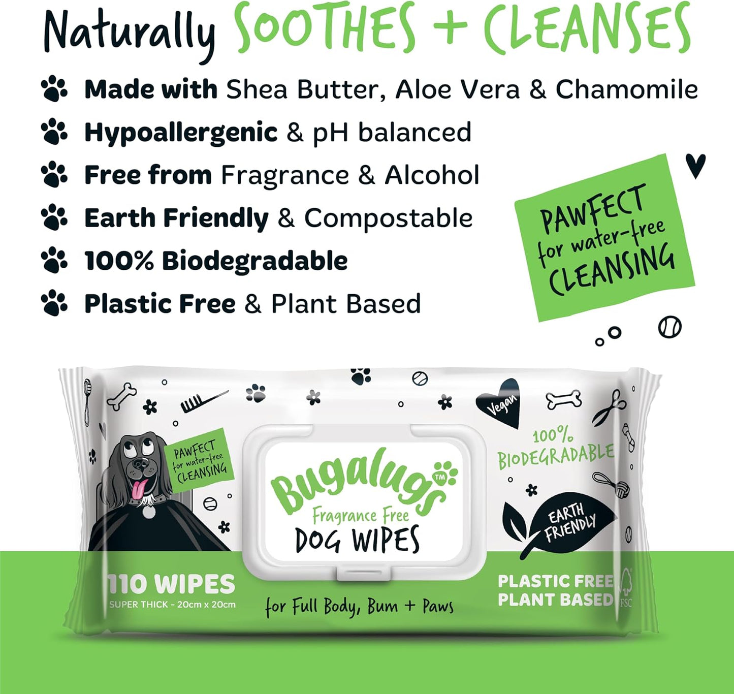 BUGALUGS Dog Wipes, 100% Plastic Free Biodegradable pet wipes for full body, eye wipes, ear wipes, bum & paws. 110 sensitive dog grooming wipes for dogs, puppy & cat grooming (Fragrance Free)