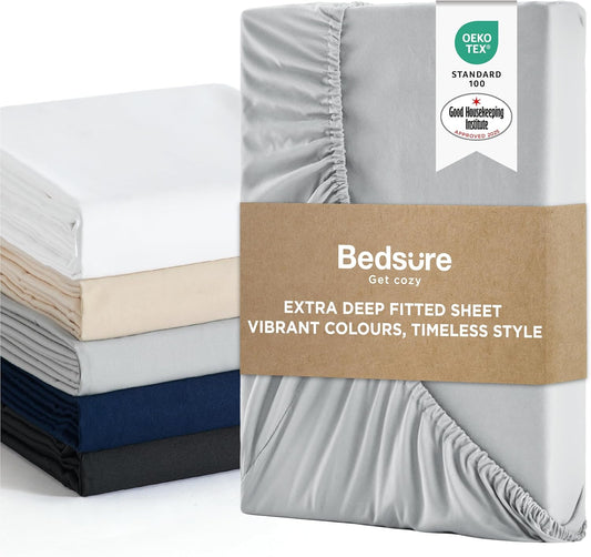 Bedsure Double Fitted Sheet Deep - Bed Sheets Extra Deep Pocket 16 inch (40 cm) made of Soft Brushed Microfiber for Double Bed, Grey, 135x190cm