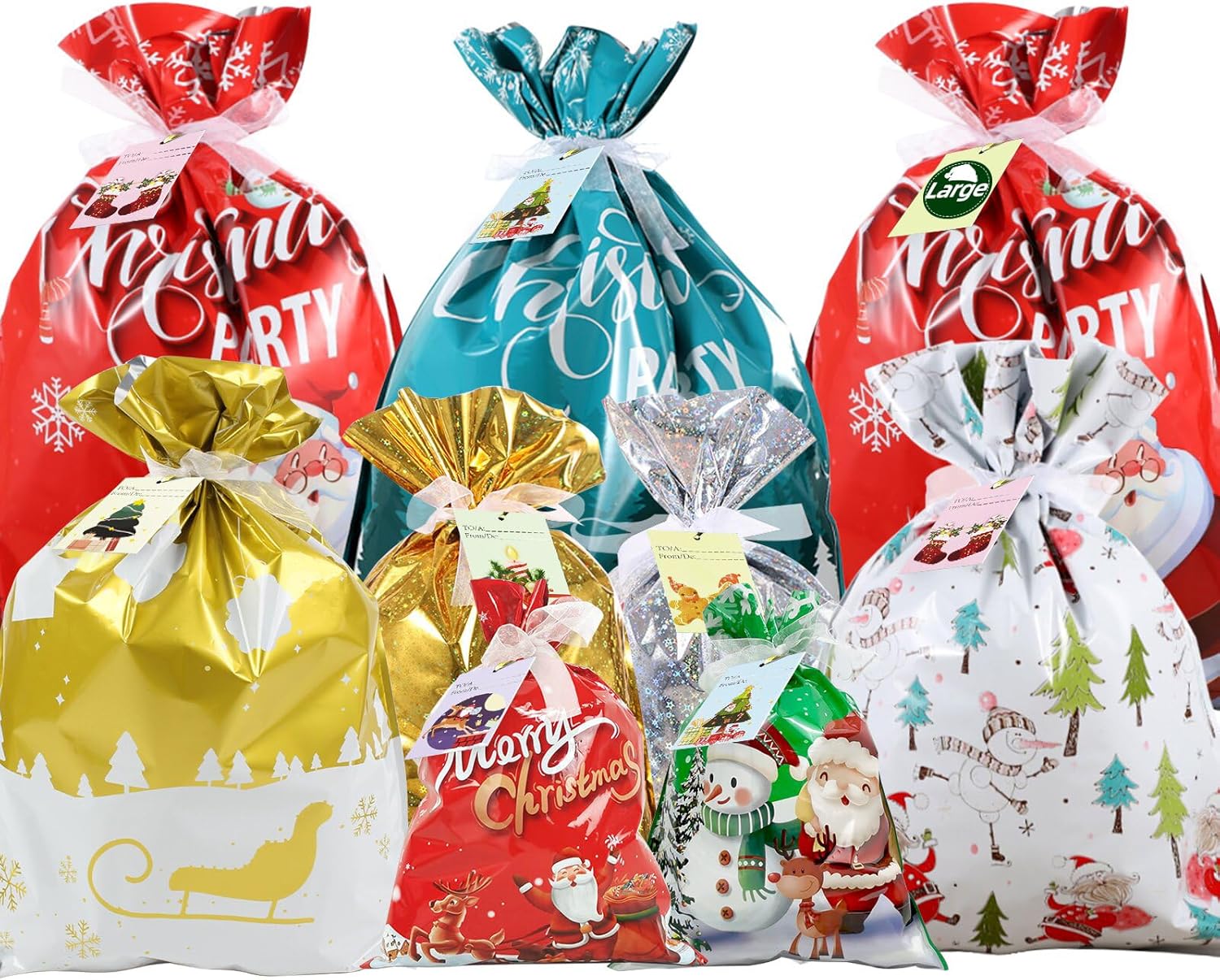 CNMTCCO Christmas Wrapping Gift Bags Large, 20Pcs Christmas String Bags with 30Pcs Tags, Large Medium Small Gift Bags, Xmas Bags for Presents for Xmas Birthday Holiday Party (Classic Style)
