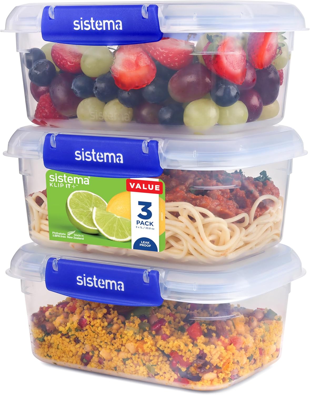 Sistema KLIP IT PLUS Leakproof Food Storage Containers | 1 L | Airtight, Stackable & Nestable Meal Prep Containers with Lids | School Lunch Boxes | BPA-Free | 3 Count